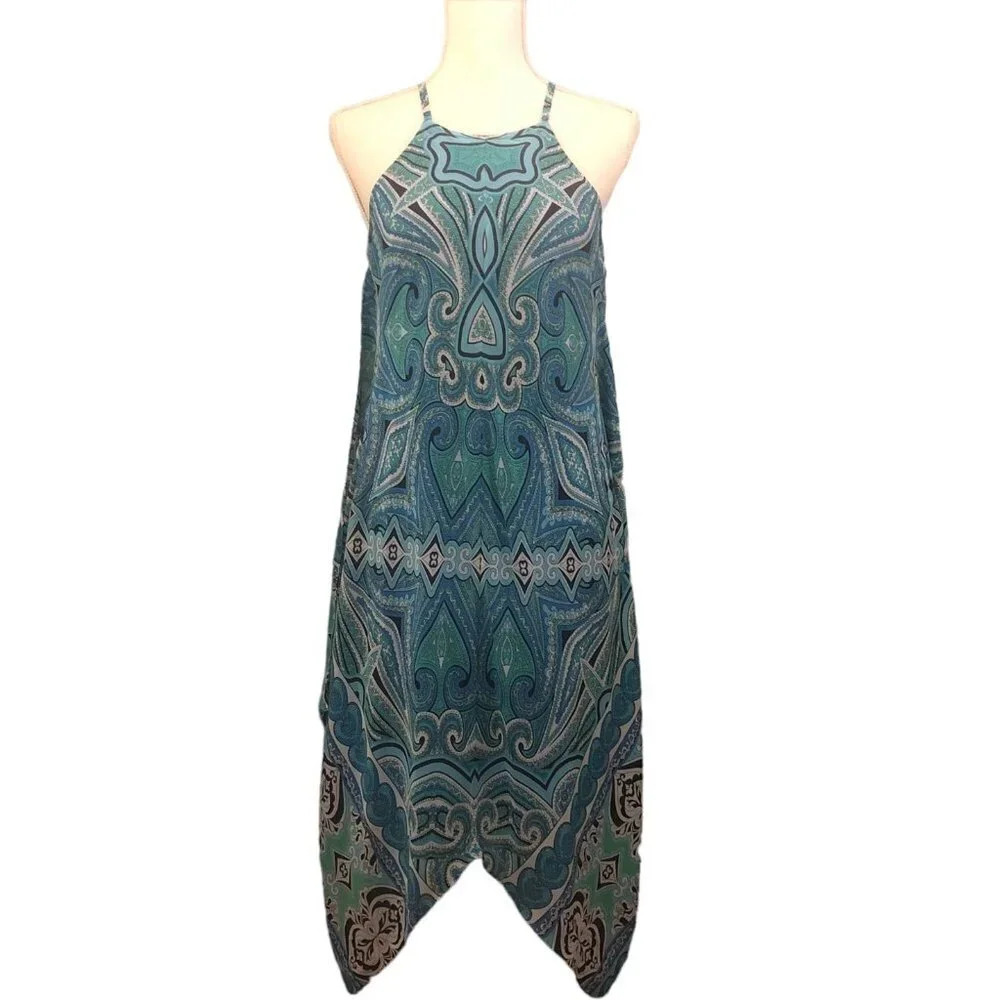 MSK Sz 6 Women's Blue Green White Black Print Sheer Handkerchief Hem Dress